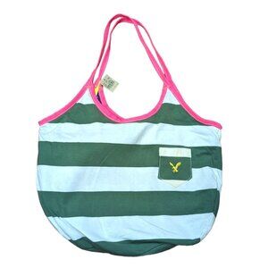 Vintage Y2K American Eagle AEO White Green Striped Summer Beach Bag Hobo